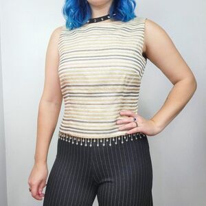 Vintage 90s Gold Metallic Stripe Beaded Fringe Formal Tank Top